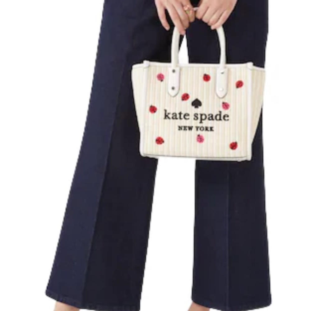 Kate Spade Ella Dottie Ladybug Embroidered Straw/Leather Small Tote (Rare, NWT) - Picture 7 of 9
